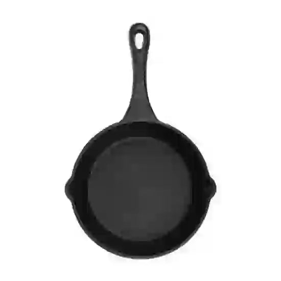 Top-down view of a black pre-seasoned 19cm cast iron skillet with a long handle and pour spouts.