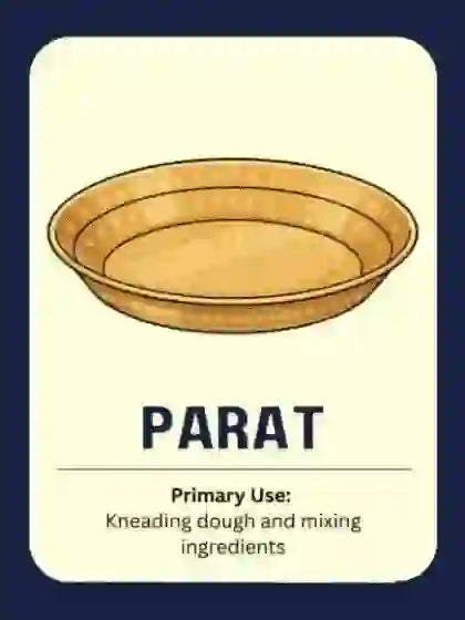 Educational flash card showing a brass Parat used for kneading dough and mixing ingredients.