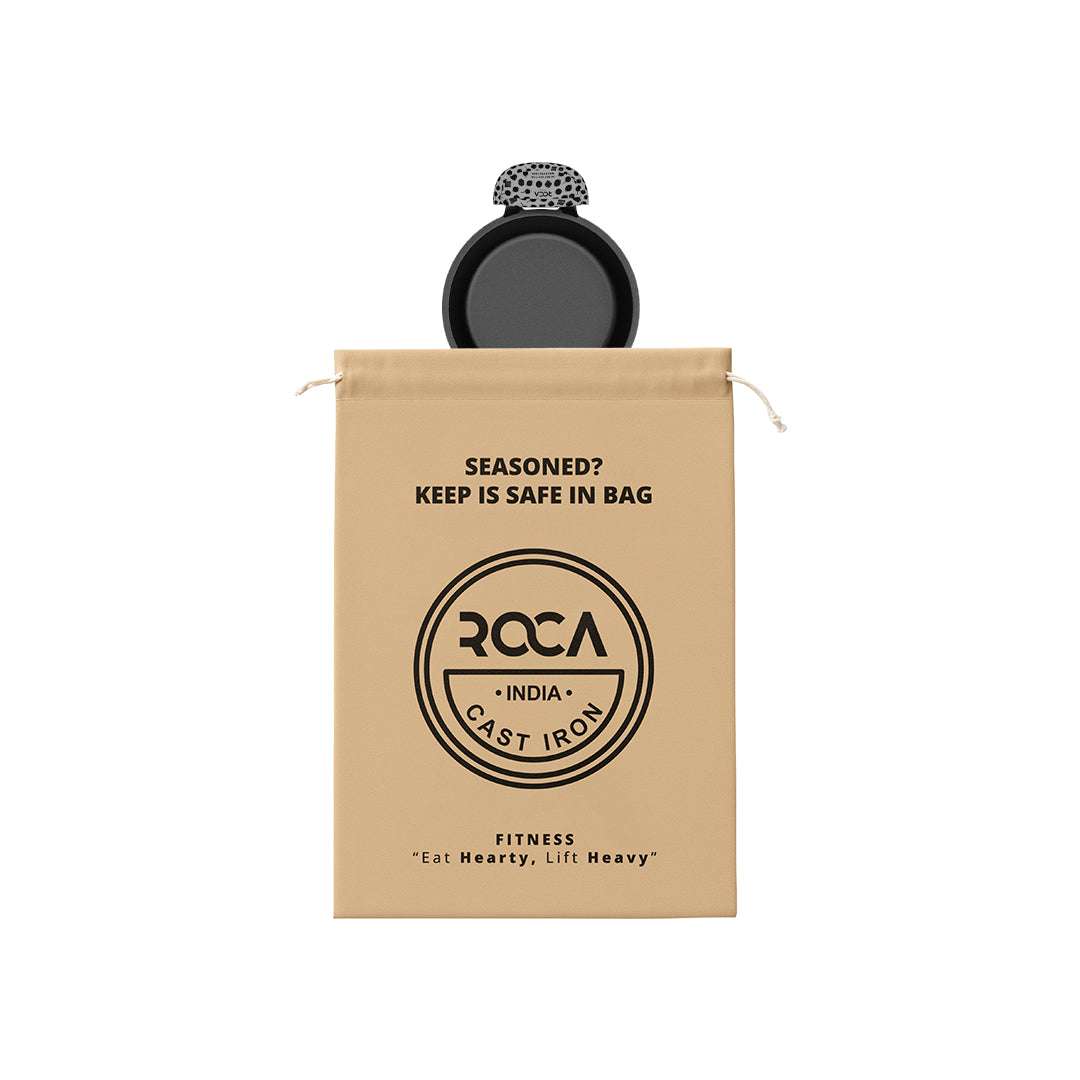 Roca Atlas Cast Iron Braiser With Wooden Tray - 11CM - 100% Natural & Non-Stick | Pre-Seasoned Oil | Cotton Sleeves for Handles & Storage Bag | Made in India ROCA COOKWARE | India's first brand to use BIS Certified | Cast Iron Material | Biggest Cast Iron Cookware Manufacturer | Biggest Cast Iron Brand in India | ISO Certified | Best Cast Iron Cookware Production | ROCA Brand of Cast Iron Products