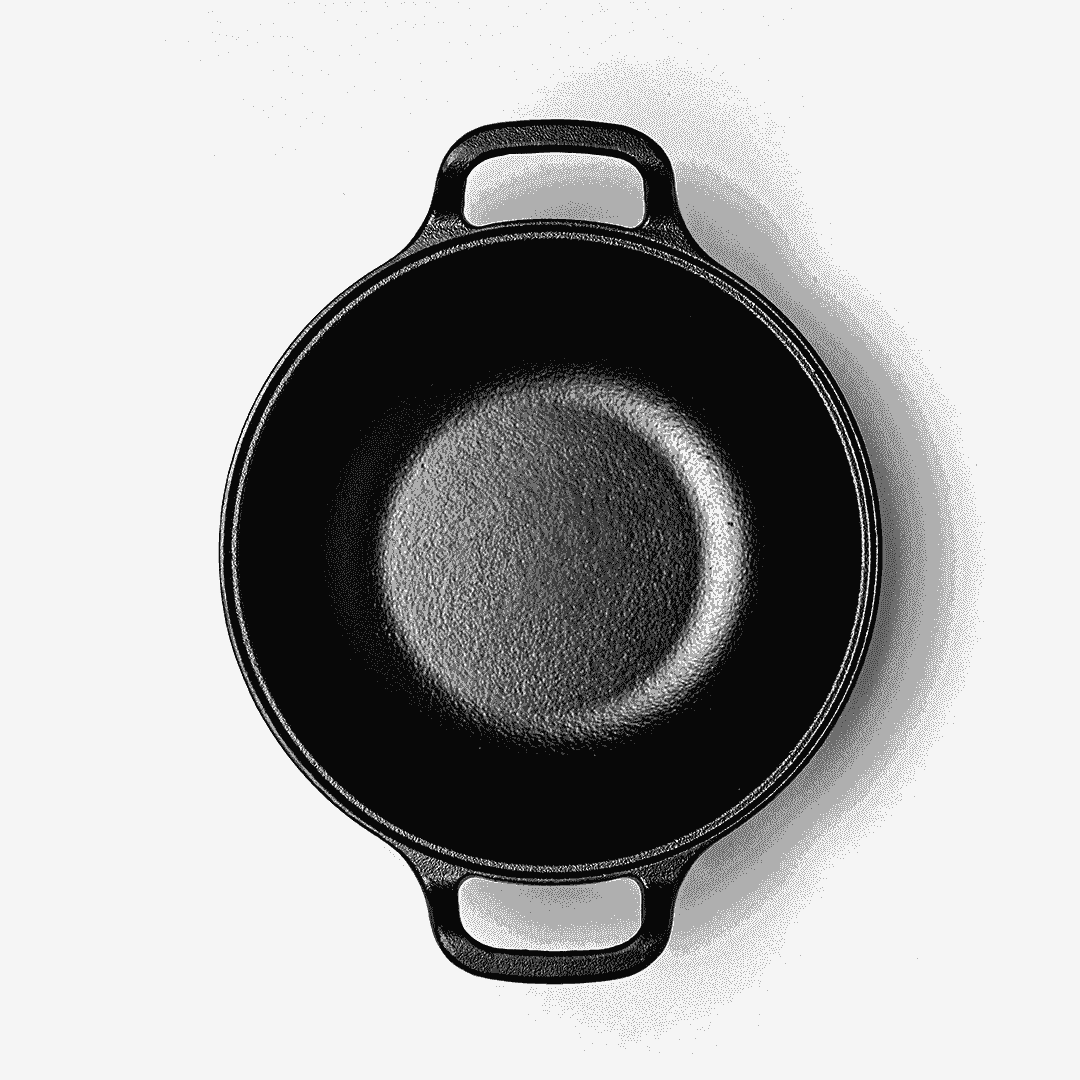 Top view of a black 22cm Roca Triton cast iron kadai with two side handles on a white background.