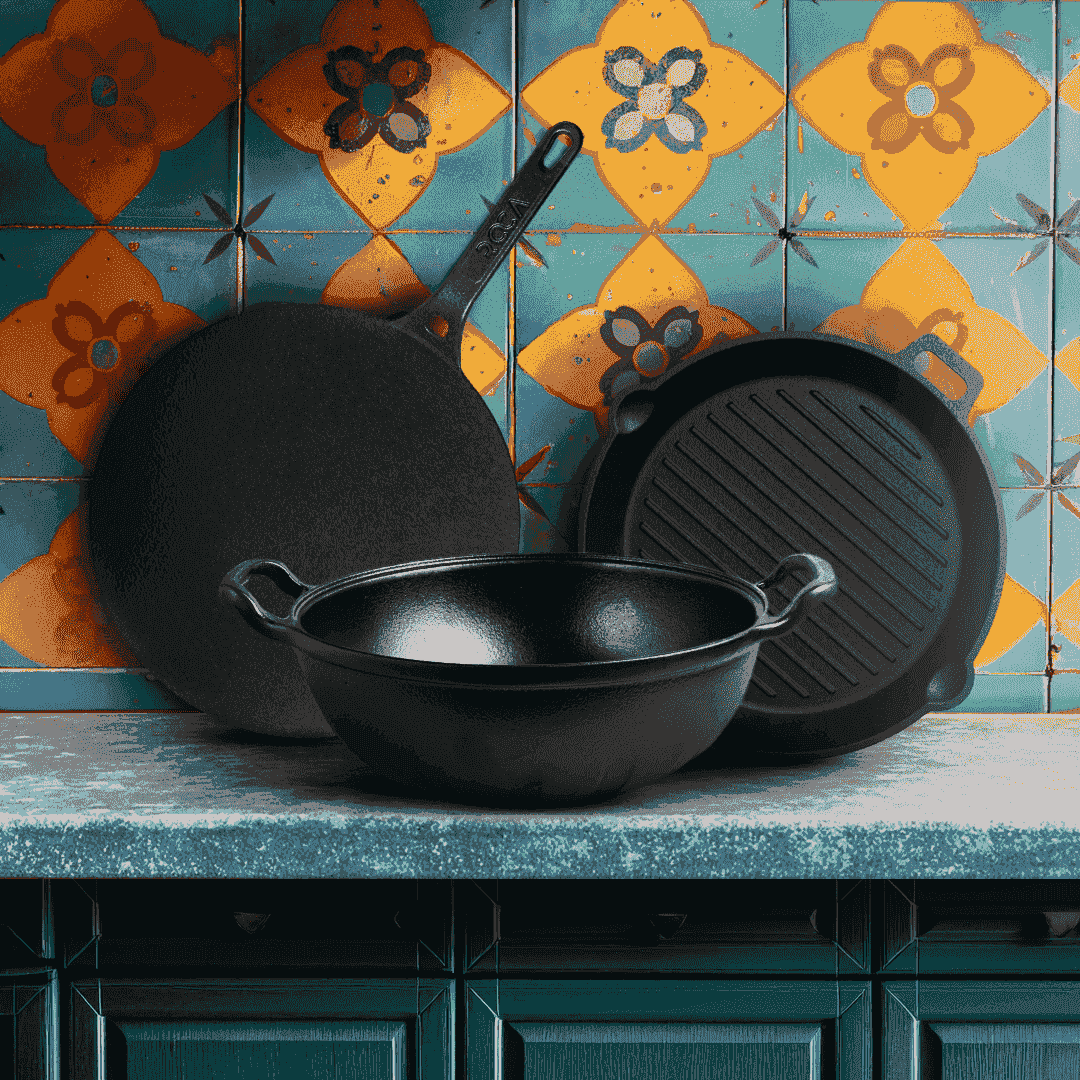 Roca cast iron set: 22cm Triton Kadai, 30cm Nix Dosa Tawa, and 25cm Triton Grill Pan on a counter.