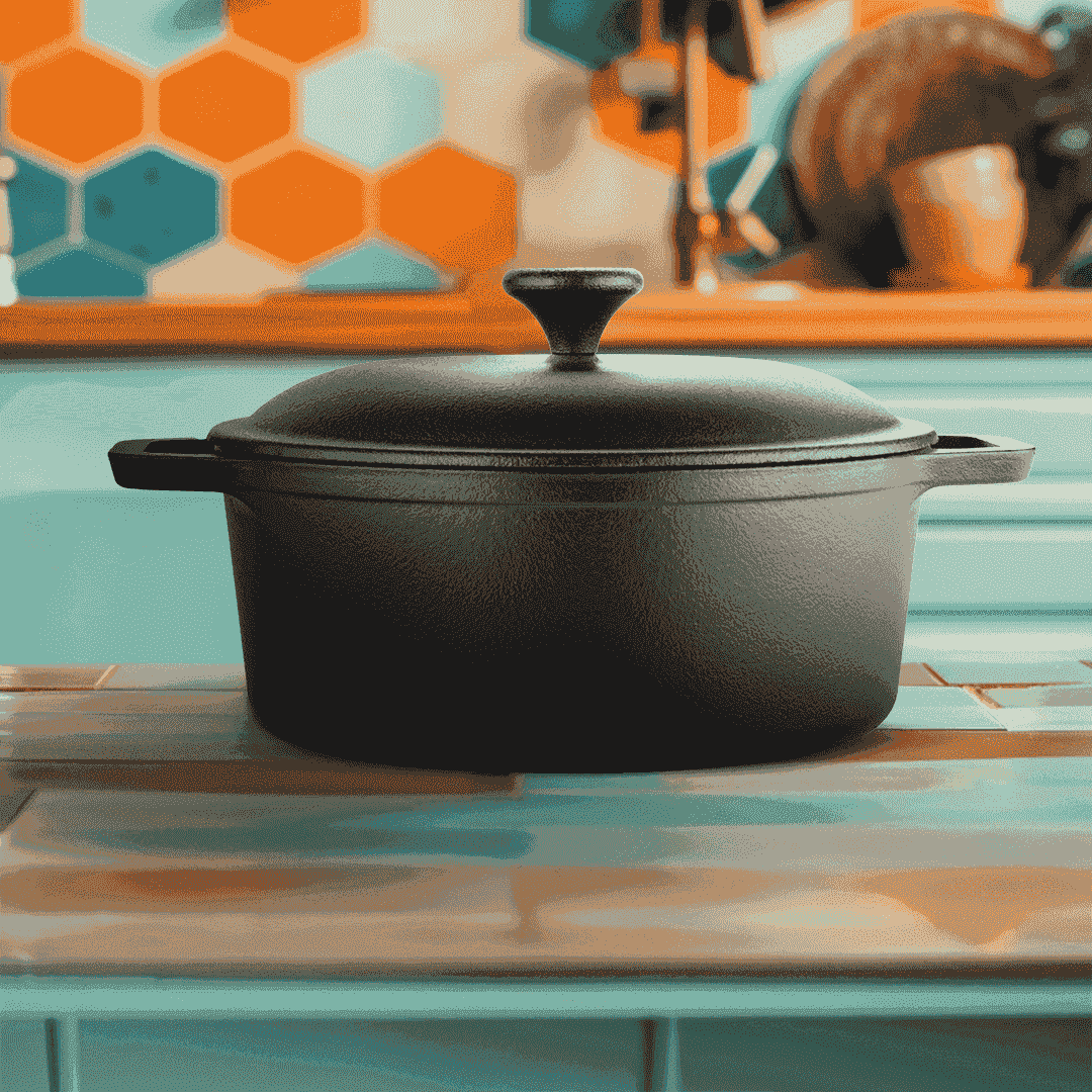 Roca Nix 24cm pre-seasoned black cast iron Dutch oven with lid on a kitchen countertop.