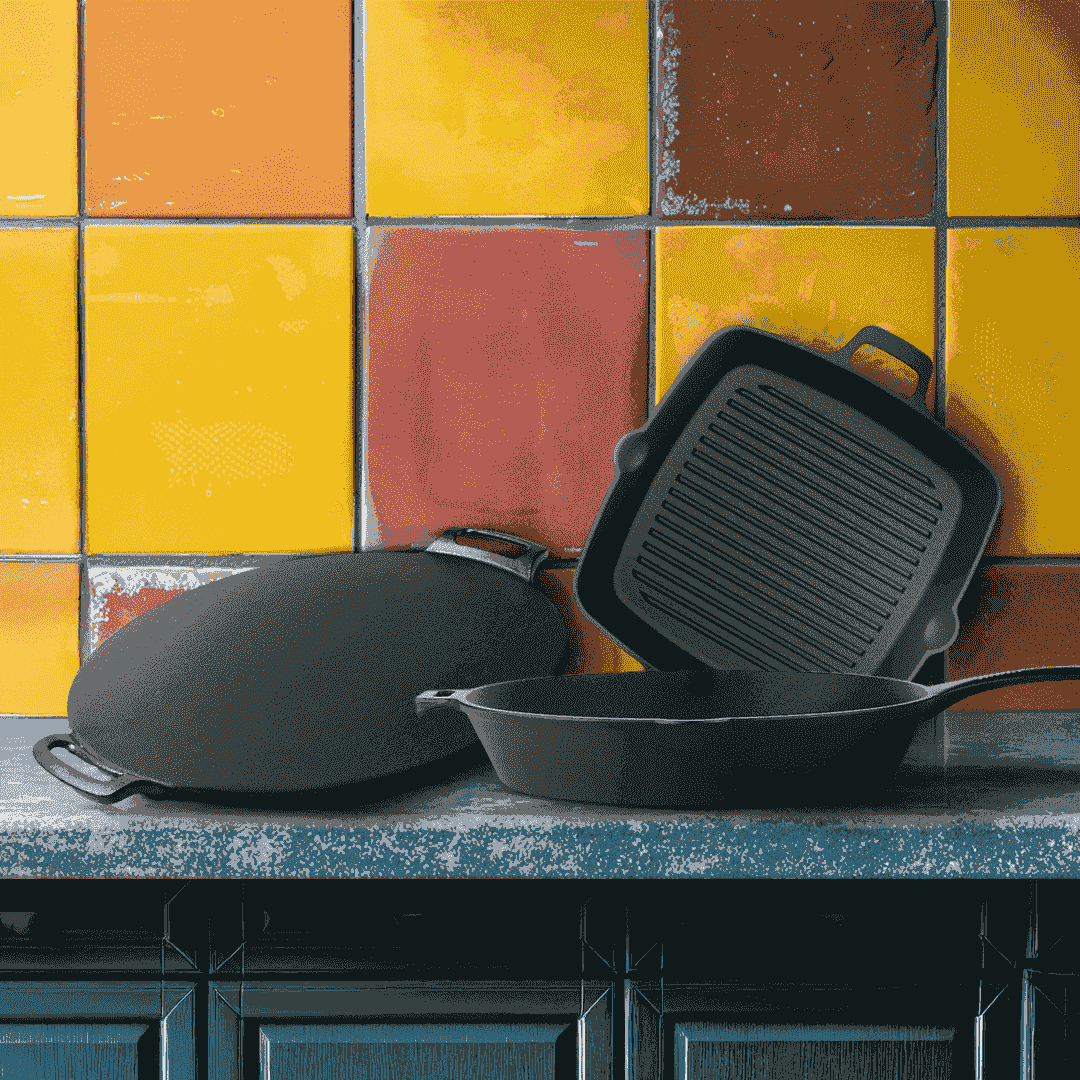 Roca Grill Sizzle Squad: 25cm square grill pan, 28cm dosa tawa, and 30cm skillet on a countertop.