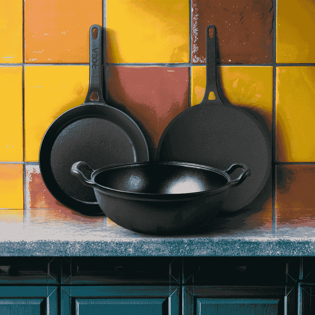 Roca cast iron cookware set featuring a Nix skillet, Triton kadai, and Nix roti tawa.