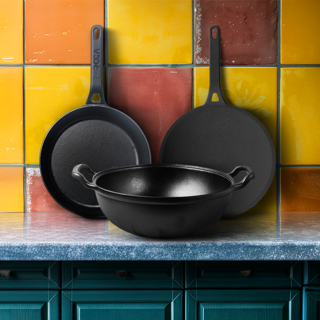 best cast iron cookware in india | buy at best price | made in india production | top cast iron cookware brand in india | best cast iron cookware | durable | lifetime | roti tawa | dosa tawa | kadai | skillet | dutch oven | iso certified | 5 star ratings on google | roca cookware ts infinite | cast iron cookware brand in gujarat | roll and cast | roca | indian company | best cast iron cookware in gujarat
