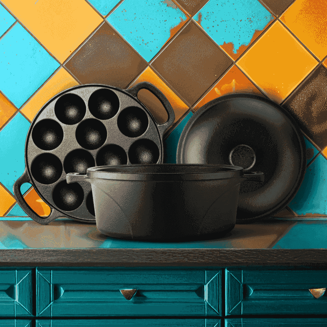 Roca cast iron set with a 24cm Dutch oven, 12-pit paniyarakkal pan, and lid on a tiled countertop.