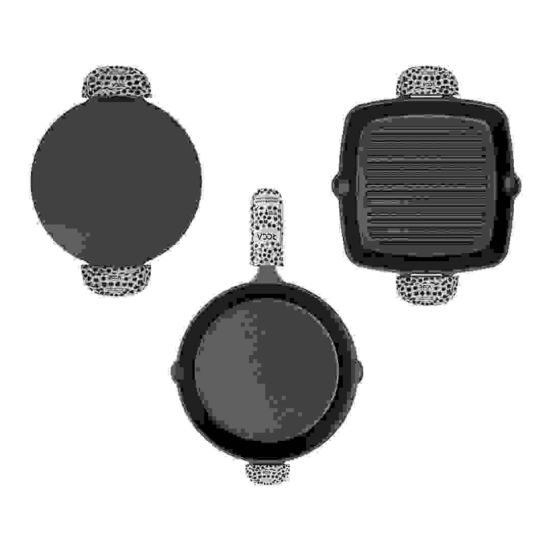 Roca Grill Sizzle Squad: 25cm grill pan, 28cm dosa tawa, and 30cm skillet with handle sleeves.