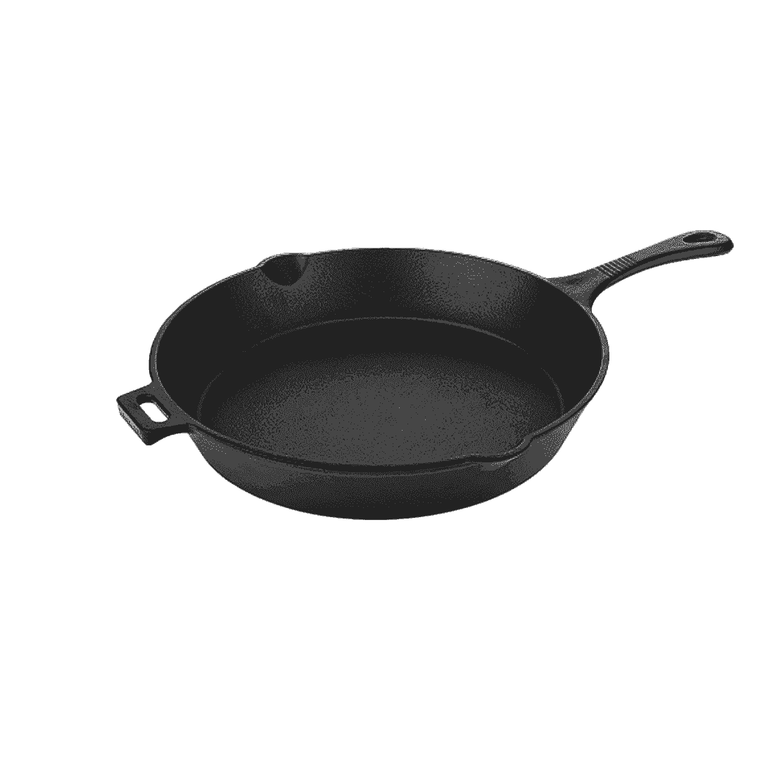 Black 30cm cast iron skillet with a long handle, helper handle, and dual pour spouts.