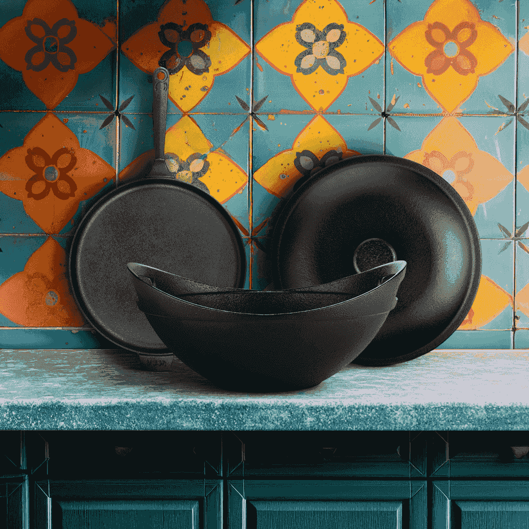 Roca Coastal Curry Master's set featuring a 28cm dosa tawa, 24cm kadai, and 24cm lid in cast iron.