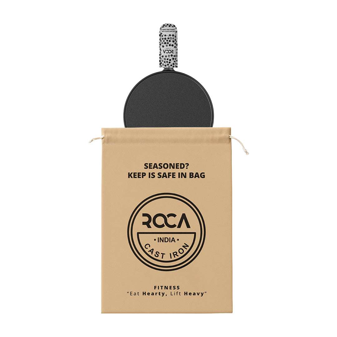 Roca Nix Cast Iron Dosa Tawa - 27CM - 100% Natural & Non-Stick | Pre-Seasoned Oil | Cotton Sleeves for Handles & Storage Bag | Made in India ROCA COOKWARE | India's first brand to use BIS Certified | Cast Iron Material | Biggest Cast Iron Cookware Manufacturer | Biggest Cast Iron Brand in India | ISO Certified | Best Cast Iron Cookware Production | ROCA Brand of Cast Iron Products