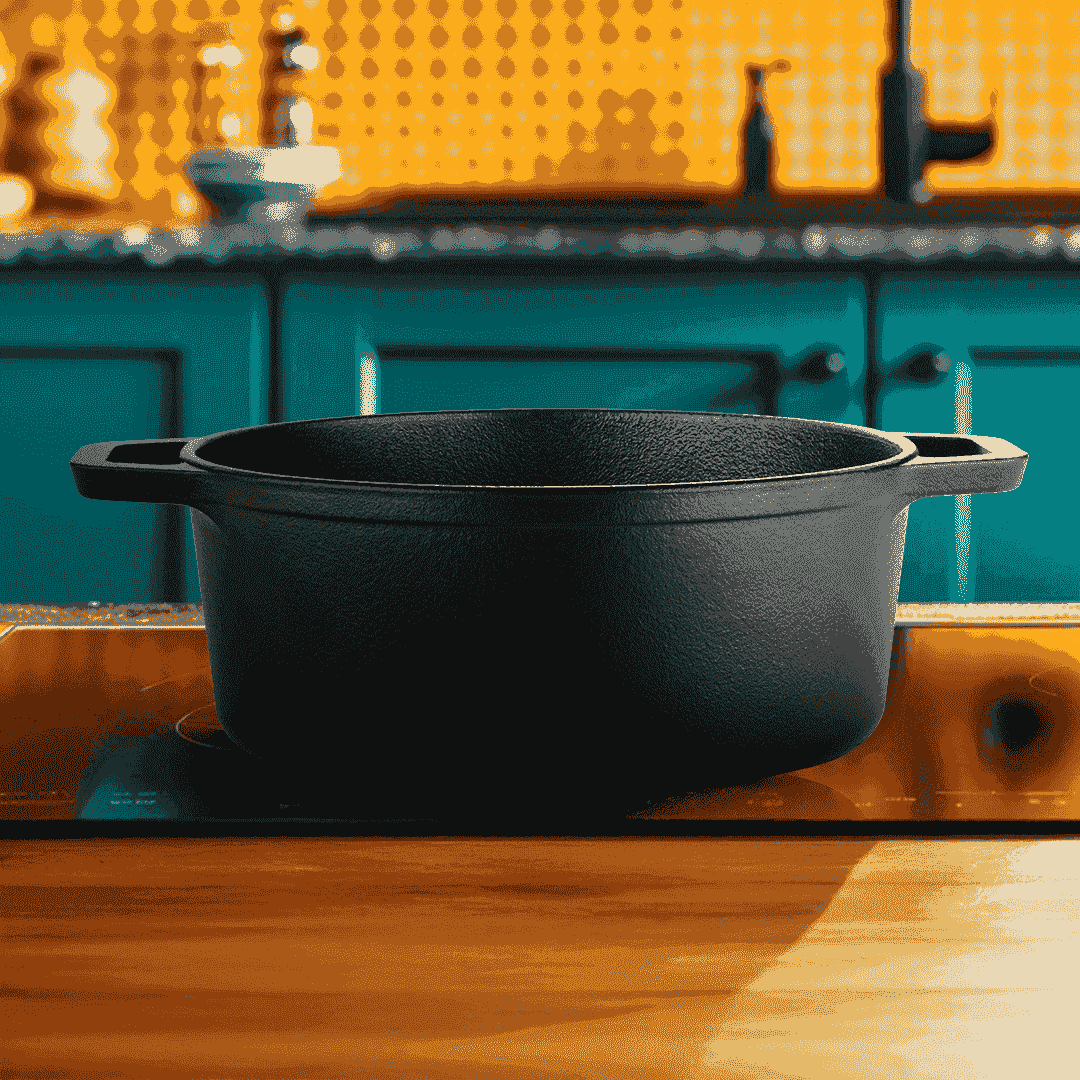 Black Roca Nix 24cm cast iron Dutch oven on a glass stovetop in a kitchen setting.