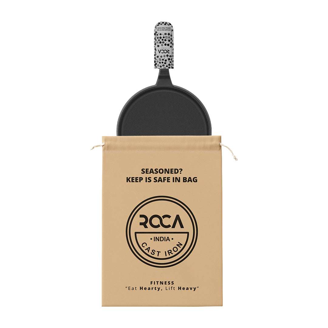 Roca Nix Cast Iron Dosa Tawa - 24CM - 100% Natural & Non-Stick | Pre-Seasoned Oil | Cotton Sleeves for Handles & Storage Bag | Made in India ROCA COOKWARE | India's first brand to use BIS Certified | Cast Iron Material | Biggest Cast Iron Cookware Manufacturer | Biggest Cast Iron Brand in India | ISO Certified | Best Cast Iron Cookware Production | ROCA Brand of Cast Iron Products