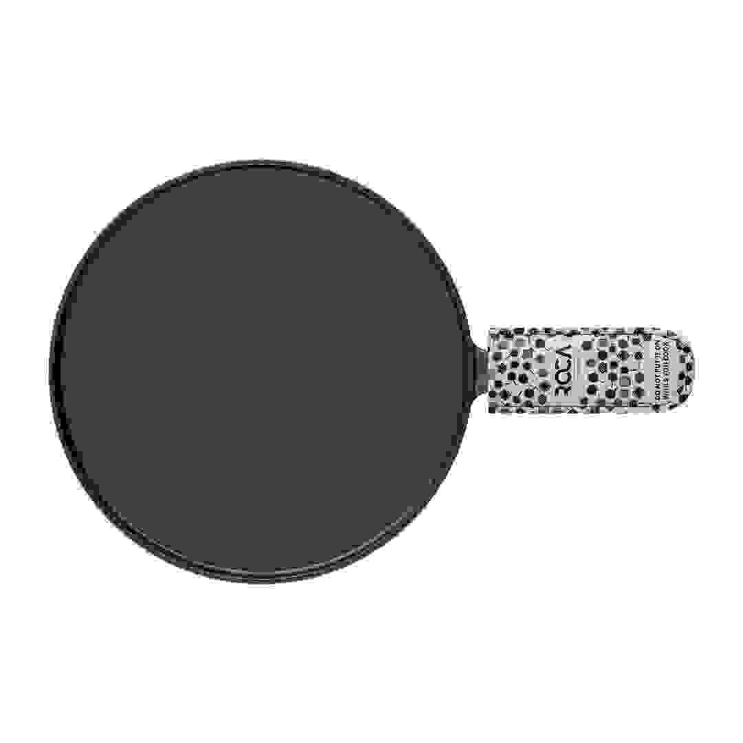 Top view of a 24cm Roca Nix cast iron dosa tawa with a patterned cotton handle sleeve.