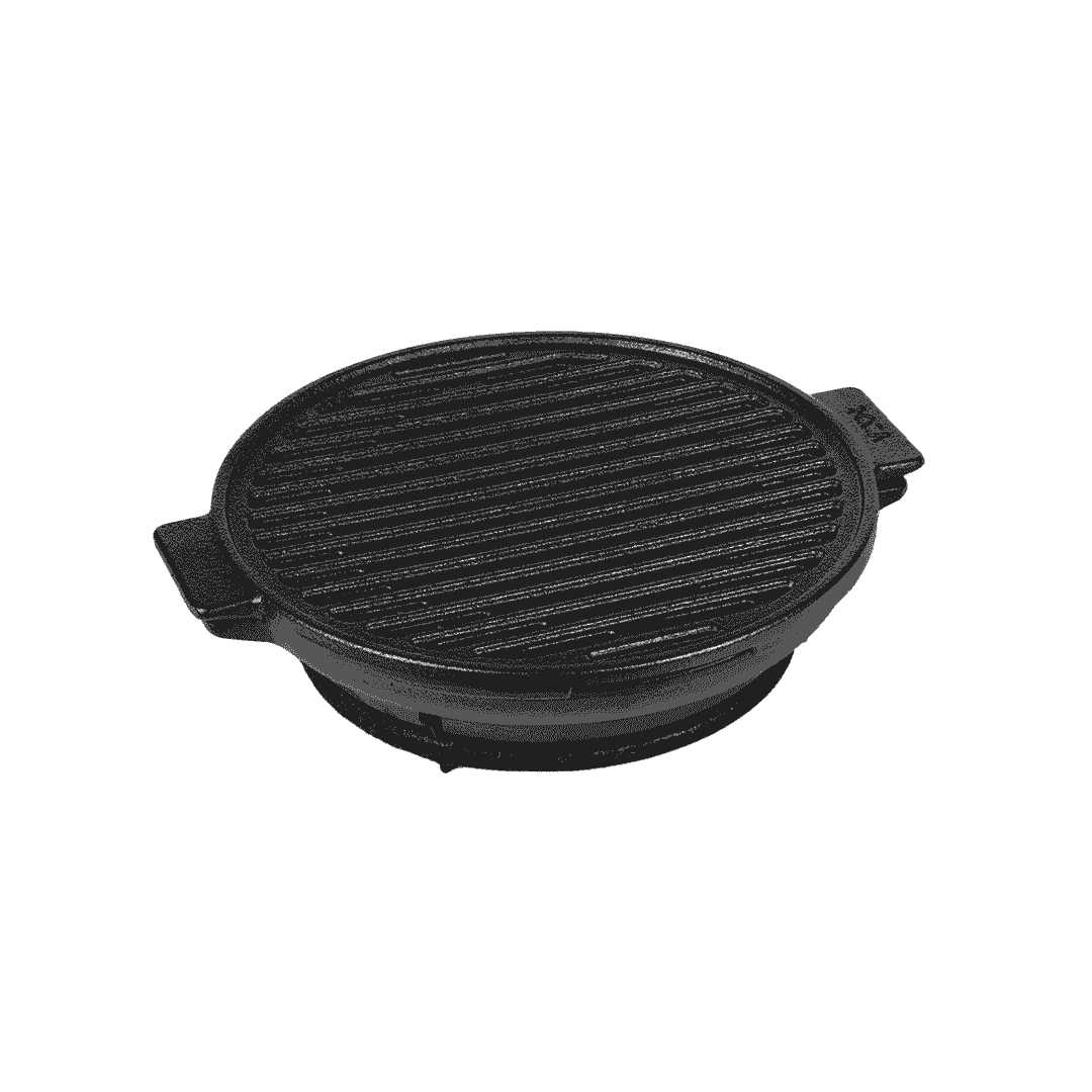 Round 24cm pre-seasoned cast iron stove grill with dual side handles and a ridged surface.