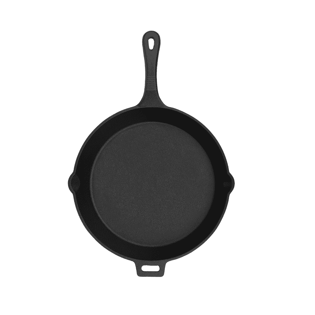 Top view of a 30cm pre-seasoned black cast iron skillet with a long handle and helper handle.