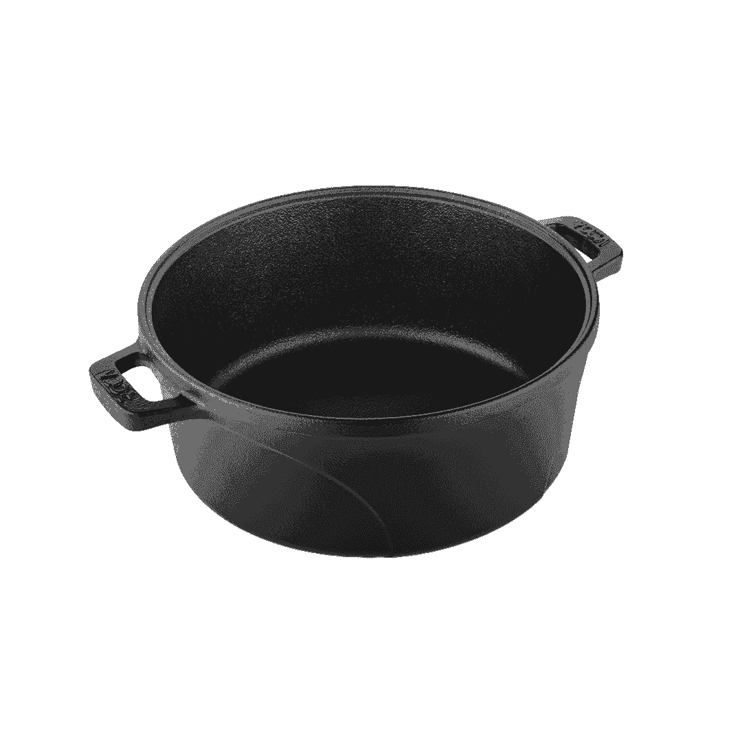 Black pre-seasoned 24cm cast iron Dutch oven with side handles and a matte finish.