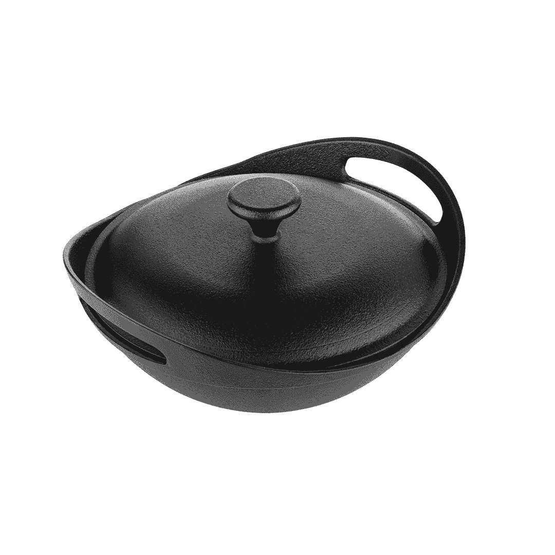 Black cast iron Europa Kadai with a matching lid and two integrated side handles.