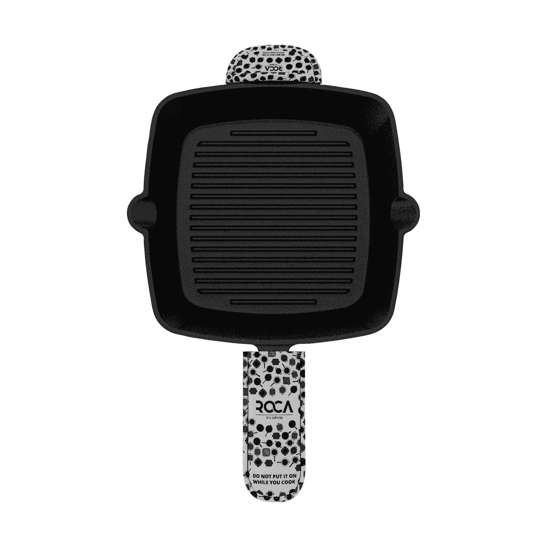 Top view of a square Roca Nix cast iron grill pan with patterned cotton handle sleeves.