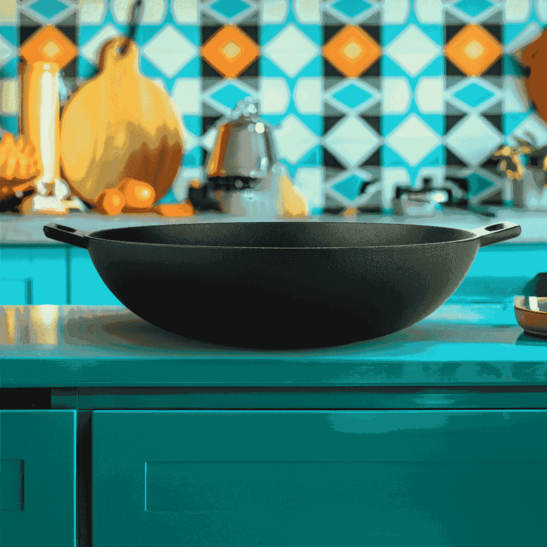 Roca Nix 30cm pre-seasoned cast iron kadai with dual handles on a teal kitchen countertop.