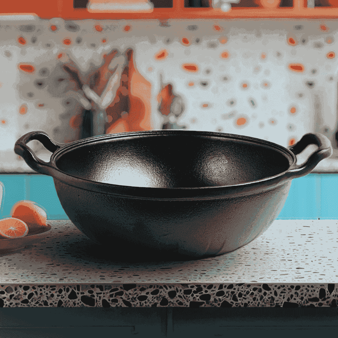 Roca Triton 22CM pre-seasoned cast iron kadai with two handles on a kitchen counter.