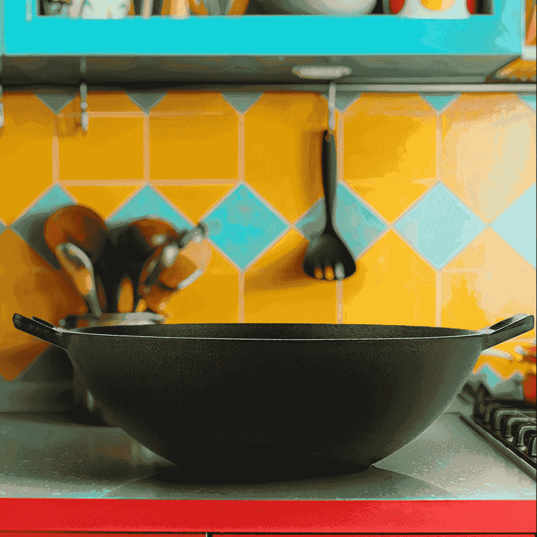 Roca Nix 24cm pre-seasoned cast iron kadai on a kitchen counter with a yellow tiled backsplash.