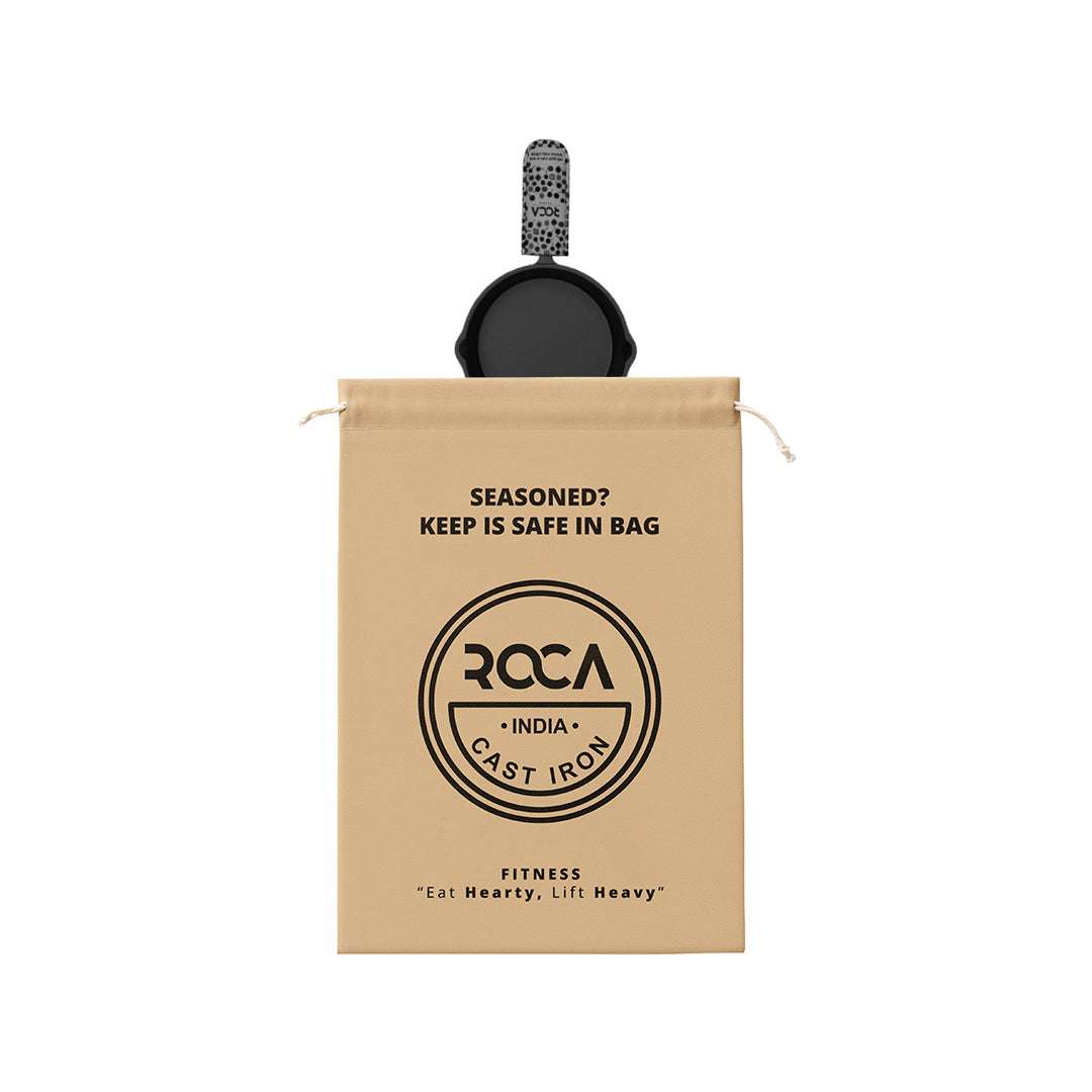 Roca Atlas Cast Iron Skillet With Wooden Tray - 12.5CM - 100% Natural & Non-Stick | Pre-Seasoned Oil | Cotton Sleeves for Handles & Storage Bag | Made in India ROCA COOKWARE | India's first brand to use BIS Certified | Cast Iron Material | Biggest Cast Iron Cookware Manufacturer | Biggest Cast Iron Brand in India | ISO Certified | Best Cast Iron Cookware Production | ROCA Brand of Cast Iron Products