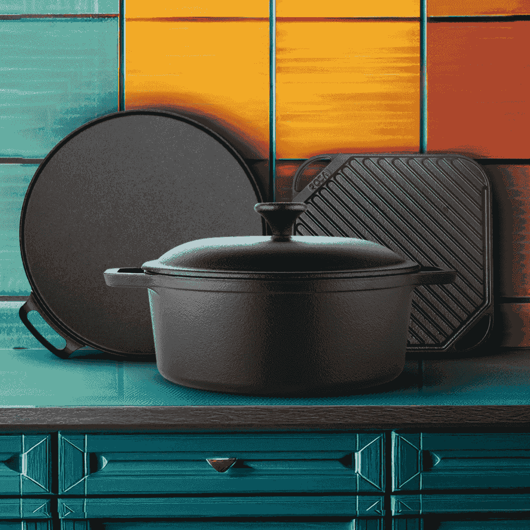 Roca Masala Magic Trio: Cast iron Dutch oven with lid, square grill plate, and round dosa tawa.