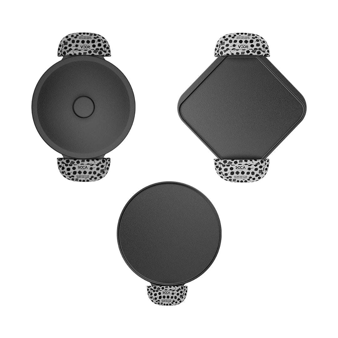 Set of four black coasters with leopard print holders on a white background