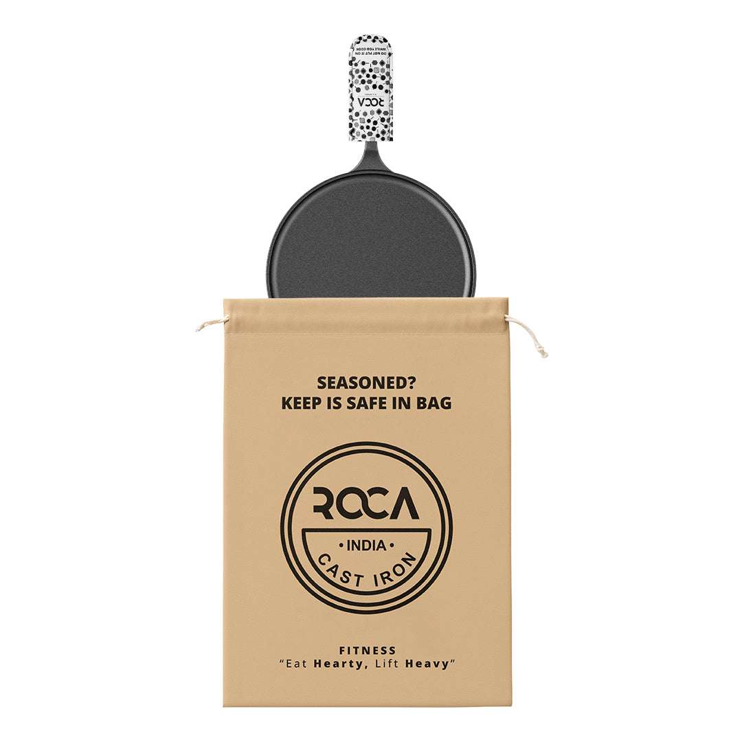 Roca Europa Cast Iron Dosa Tawa - 25CM - 100% Natural & Non-Stick | Pre-Seasoned Oil | Cotton Sleeves for Handles & Storage Bag | Made in India ROCA COOKWARE | India's first brand to use BIS Certified | Cast Iron Material | Biggest Cast Iron Cookware Manufacturer | Biggest Cast Iron Brand in India | ISO Certified | Best Cast Iron Cookware Production | ROCA Brand of Cast Iron Products