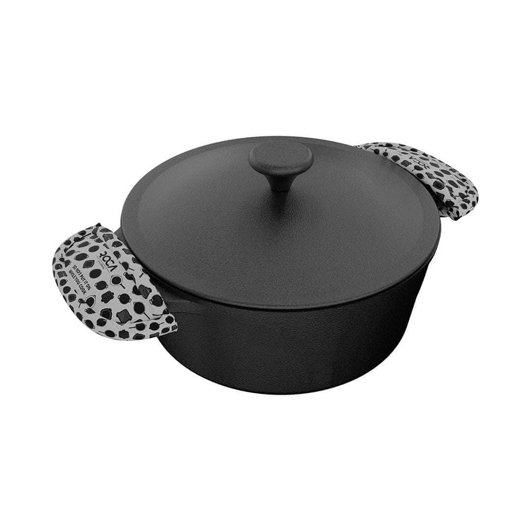 Black cast iron cookware set with leopard print handles on a white background