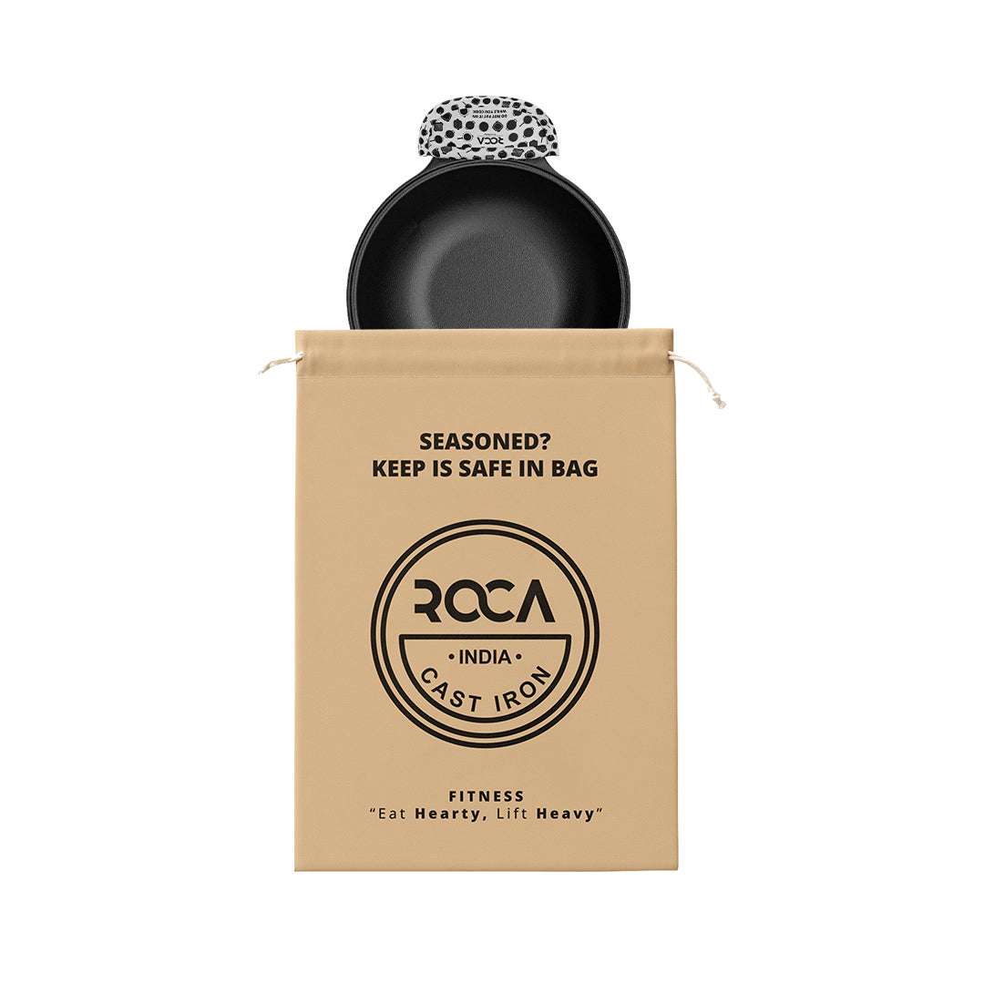 Roca Nix Cast Iron Kadai - 24CM - 100% Natural & Non-Stick | Pre-Seasoned Oil | Cotton Sleeves for Handles + Storage Bag | Made in India ROCA COOKWARE | India's first brand to use BIS Certified | Cast Iron Material | Biggest Cast Iron Cookware Manufacturer | Biggest Cast Iron Brand in India | ISO Certified | Best Cast Iron Cookware Production | ROCA Brand of Cast Iron Products