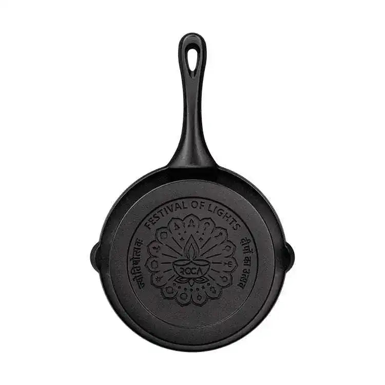 Roca Festive Cast Iron Skillet - 19CM - 100% Natural & Non-Stick | Pre-Seasoned Oil | Cotton Sleeves for Handles & Storage Bag | Made in India ROCA COOKWARE | India's first brand to use BIS Certified | Cast Iron Material | Biggest Cast Iron Cookware Manufacturer | Biggest Cast Iron Brand in India | ISO Certified | Best Cast Iron Cookware Production | ROCA Brand of Cast Iron Products