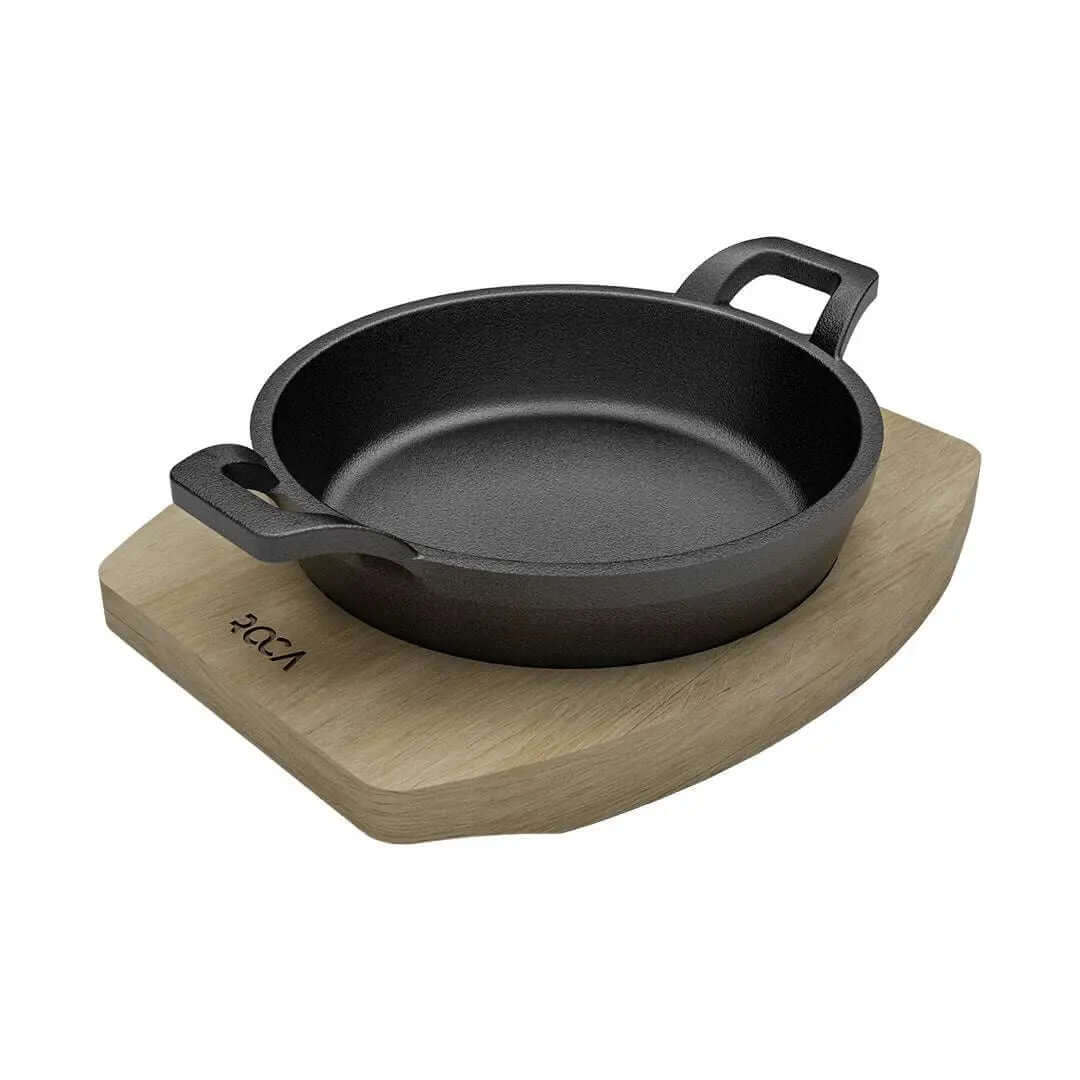 Roca Atlas Cast Iron Braiser With Wooden Tray - 11CM - 100% Natural & Non-Stick | Pre-Seasoned Oil | Cotton Sleeves for Handles & Storage Bag | Made in India ROCA COOKWARE | India's first brand to use BIS Certified | Cast Iron Material | Biggest Cast Iron Cookware Manufacturer | Biggest Cast Iron Brand in India | ISO Certified | Best Cast Iron Cookware Production | ROCA Brand of Cast Iron Products