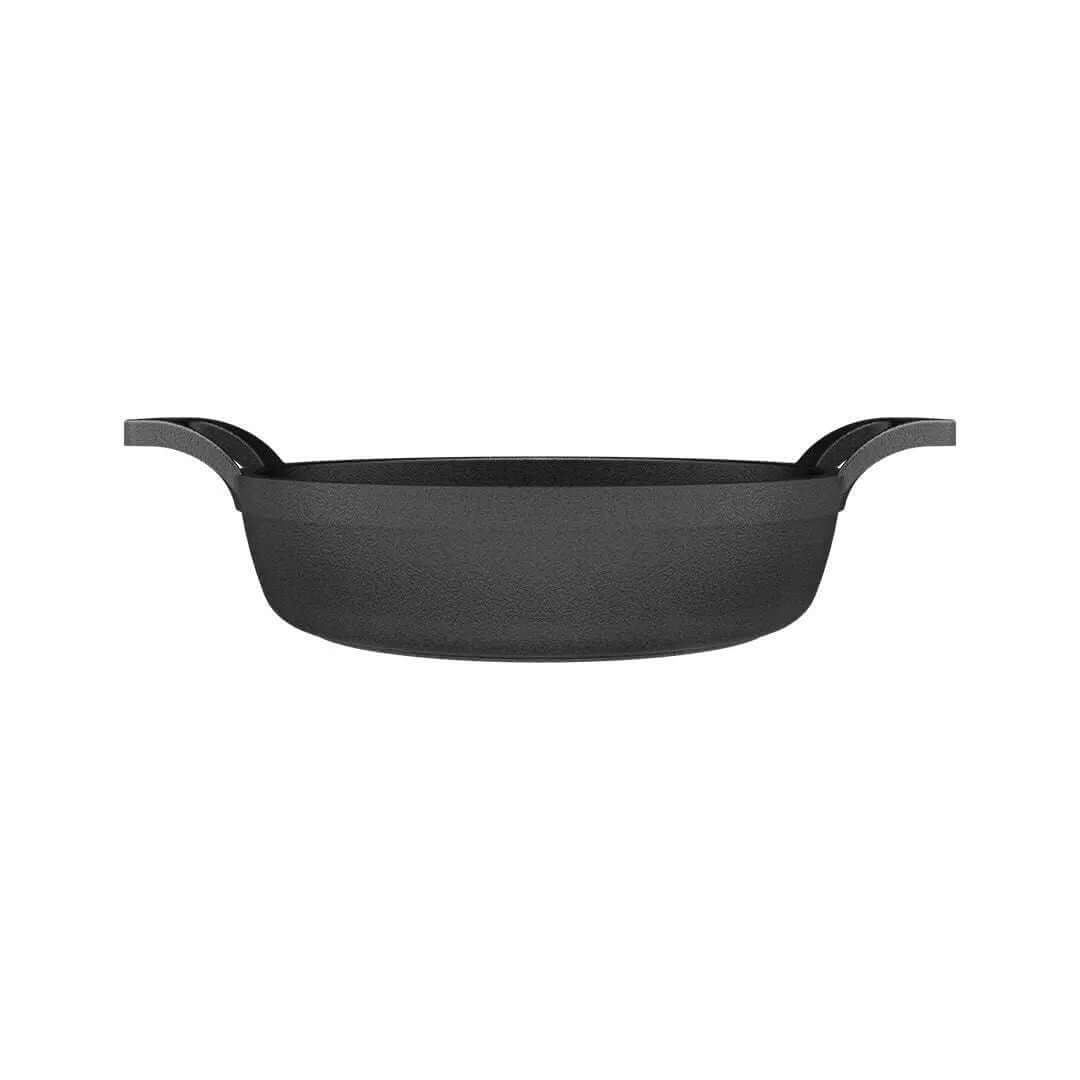 A black cast iron skillet with two side handles, shown from a front-facing perspective against a solid white background.