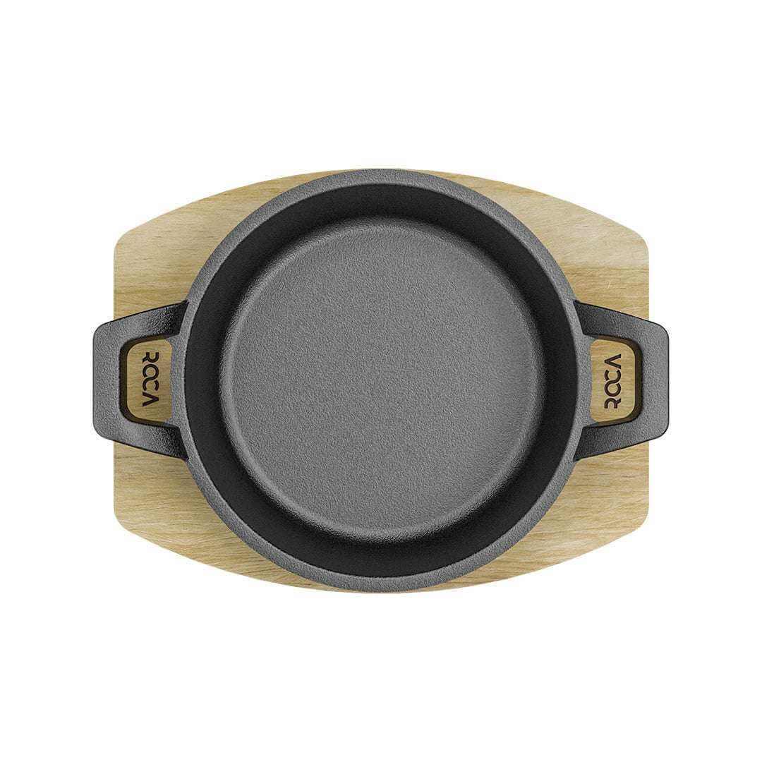 Roca Atlas Cast Iron Braiser With Wooden Tray - 11CM - 100% Natural & Non-Stick | Pre-Seasoned Oil | Cotton Sleeves for Handles & Storage Bag | Made in India ROCA COOKWARE | India's first brand to use BIS Certified | Cast Iron Material | Biggest Cast Iron Cookware Manufacturer | Biggest Cast Iron Brand in India | ISO Certified | Best Cast Iron Cookware Production | ROCA Brand of Cast Iron Products