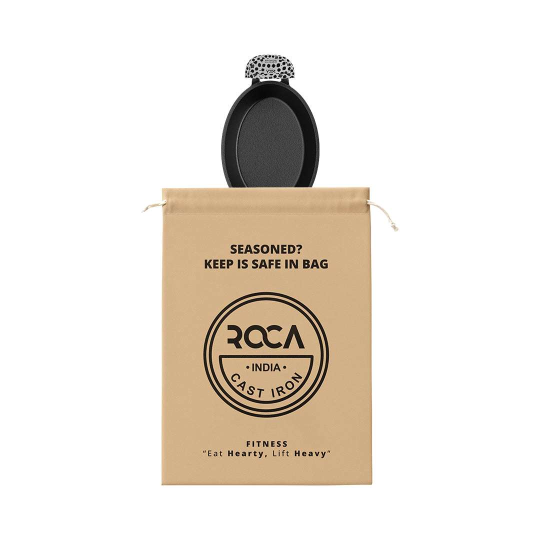 Roca Atlas Cast Iron Oval Pan With Wooden Tray- 20.5 CM - 100% Natural & Non-Stick | Pre-Seasoned Oil | Cotton Sleeves for Handles & Storage Bag | Made in India ROCA COOKWARE | India's first brand to use BIS Certified | Cast Iron Material | Biggest Cast Iron Cookware Manufacturer | Biggest Cast Iron Brand in India | ISO Certified | Best Cast Iron Cookware Production | ROCA Brand of Cast Iron Products