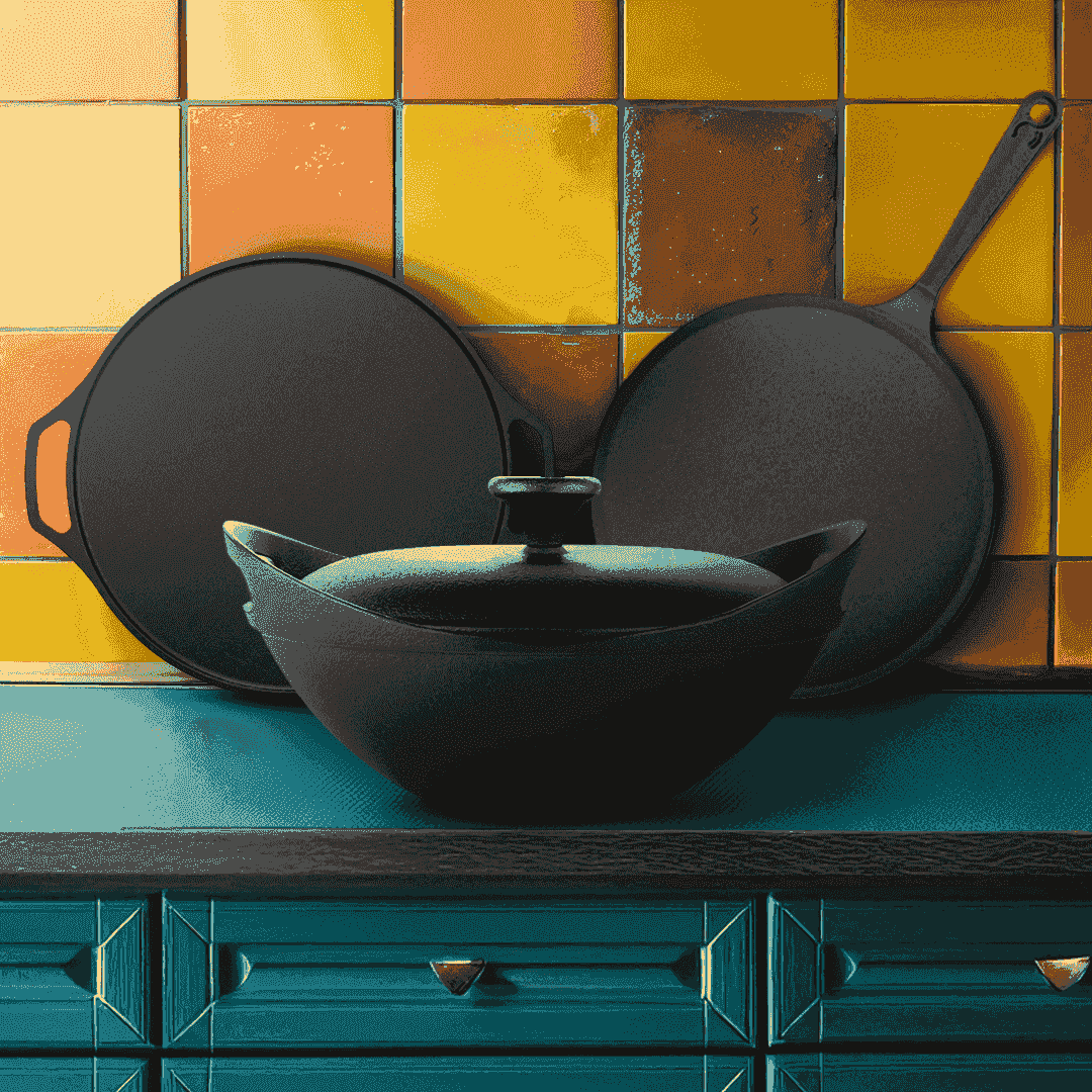 Cast iron Europa Kadai with lid, Triton Dosa Tawa, and Europa Roti Tawa against a tiled backsplash.