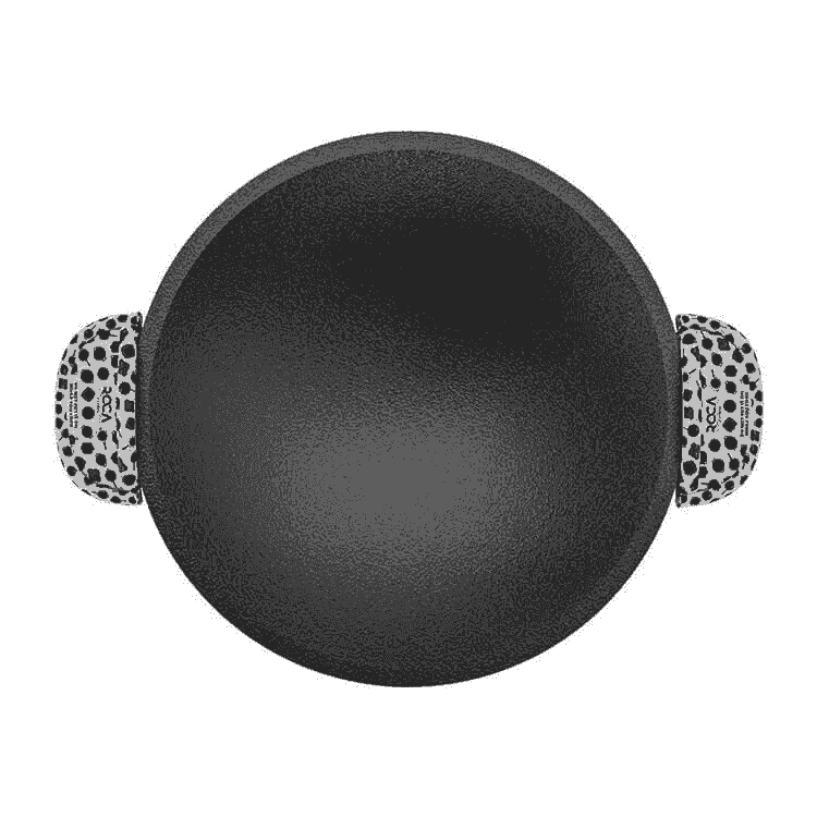Top view of a 20cm Roca Europa cast iron appachetty with patterned cotton handle sleeves.