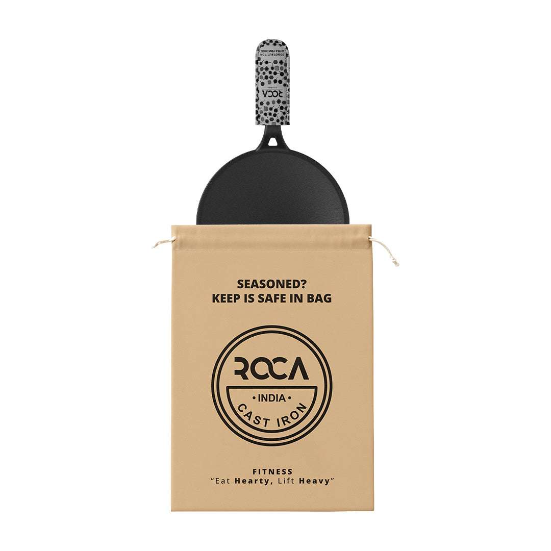 Roca Nix Cast Iron Roti Tawa - 26CM - 100% Natural & Non-Stick | Pre-Seasoned Oil | Cotton Sleeves for Handles & Storage Bag | Made in India ROCA COOKWARE | India's first brand to use BIS Certified | Cast Iron Material | Biggest Cast Iron Cookware Manufacturer | Biggest Cast Iron Brand in India | ISO Certified | Best Cast Iron Cookware Production | ROCA Brand of Cast Iron Products