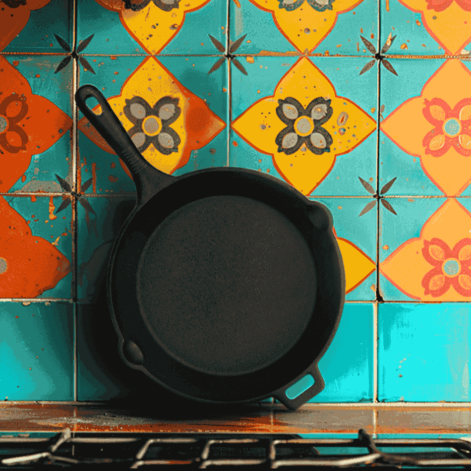 Roca Europa 25cm pre-seasoned cast iron skillet against a colorful patterned tile background.