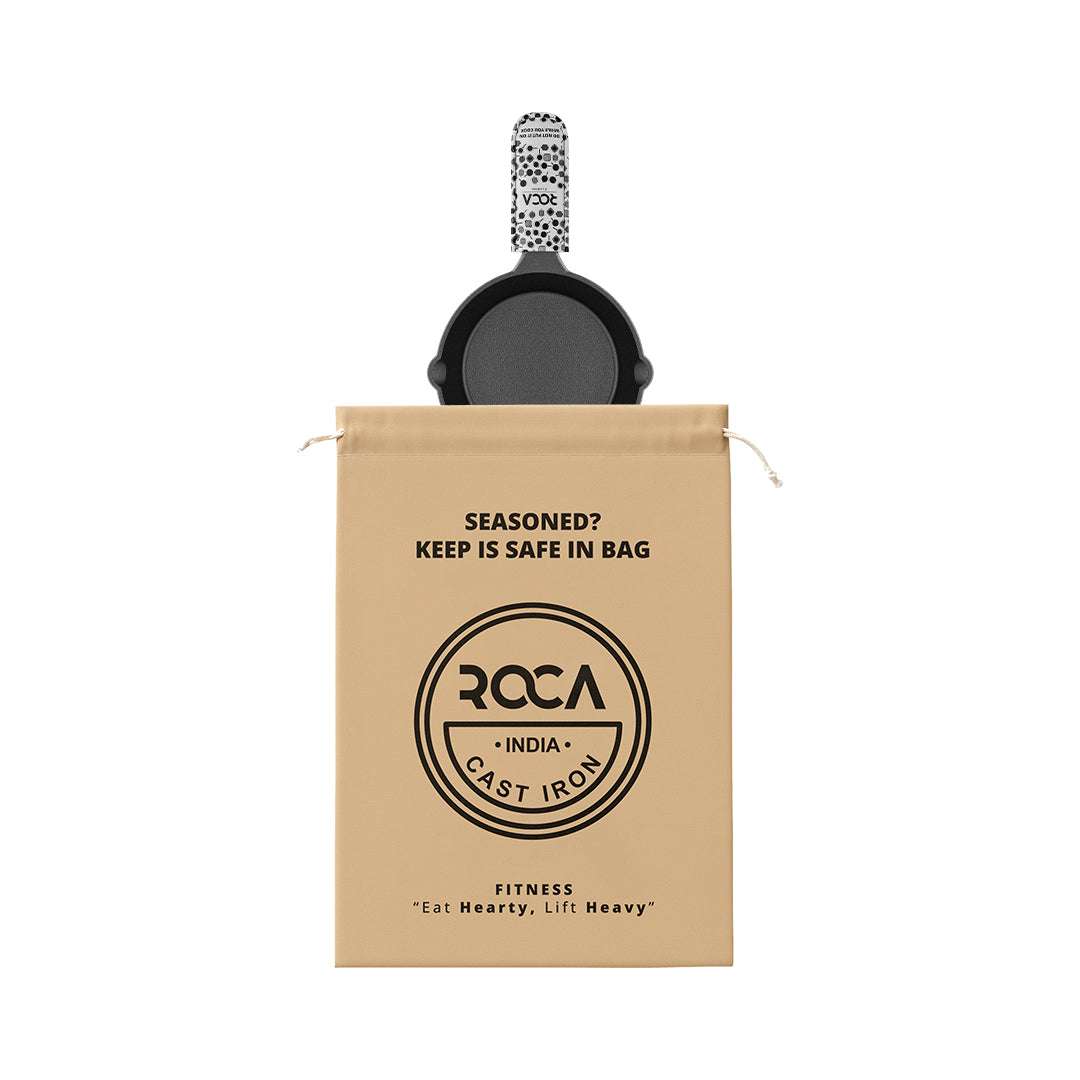 Roca Europa Cast Iron Skillet - 15CM - 100% Natural & Non-Stick | Pre-Seasoned Oil | Cotton Sleeves for Handles & Storage Bag | Made in India ROCA COOKWARE | India's first brand to use BIS Certified | Cast Iron Material | Biggest Cast Iron Cookware Manufacturer | Biggest Cast Iron Brand in India | ISO Certified | Best Cast Iron Cookware Production | ROCA Brand of Cast Iron Products