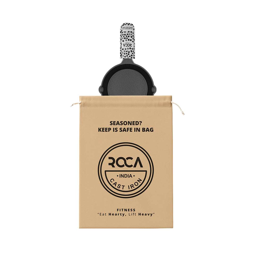 Roca Europa Cast Iron Skillet - 19CM - 100% Natural & Non-Stick | Pre-Seasoned Oil | Cotton Sleeves for Handles & Storage Bag | Made in India ROCA COOKWARE | India's first brand to use BIS Certified | Cast Iron Material | Biggest Cast Iron Cookware Manufacturer | Biggest Cast Iron Brand in India | ISO Certified | Best Cast Iron Cookware Production | ROCA Brand of Cast Iron Products