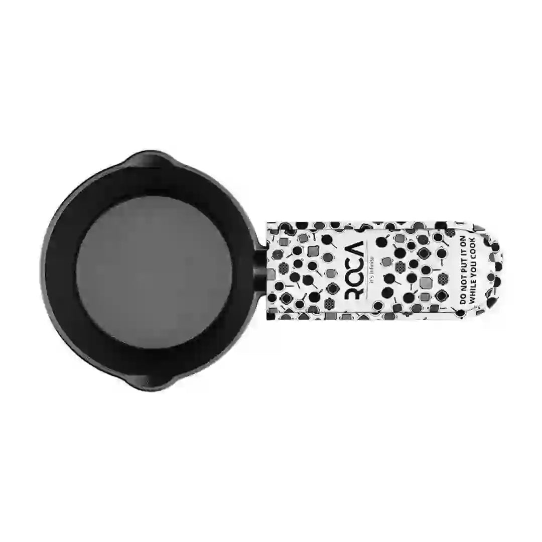 Top view of a Roca Triton 11cm cast iron sauce pan with a patterned cotton handle sleeve.
