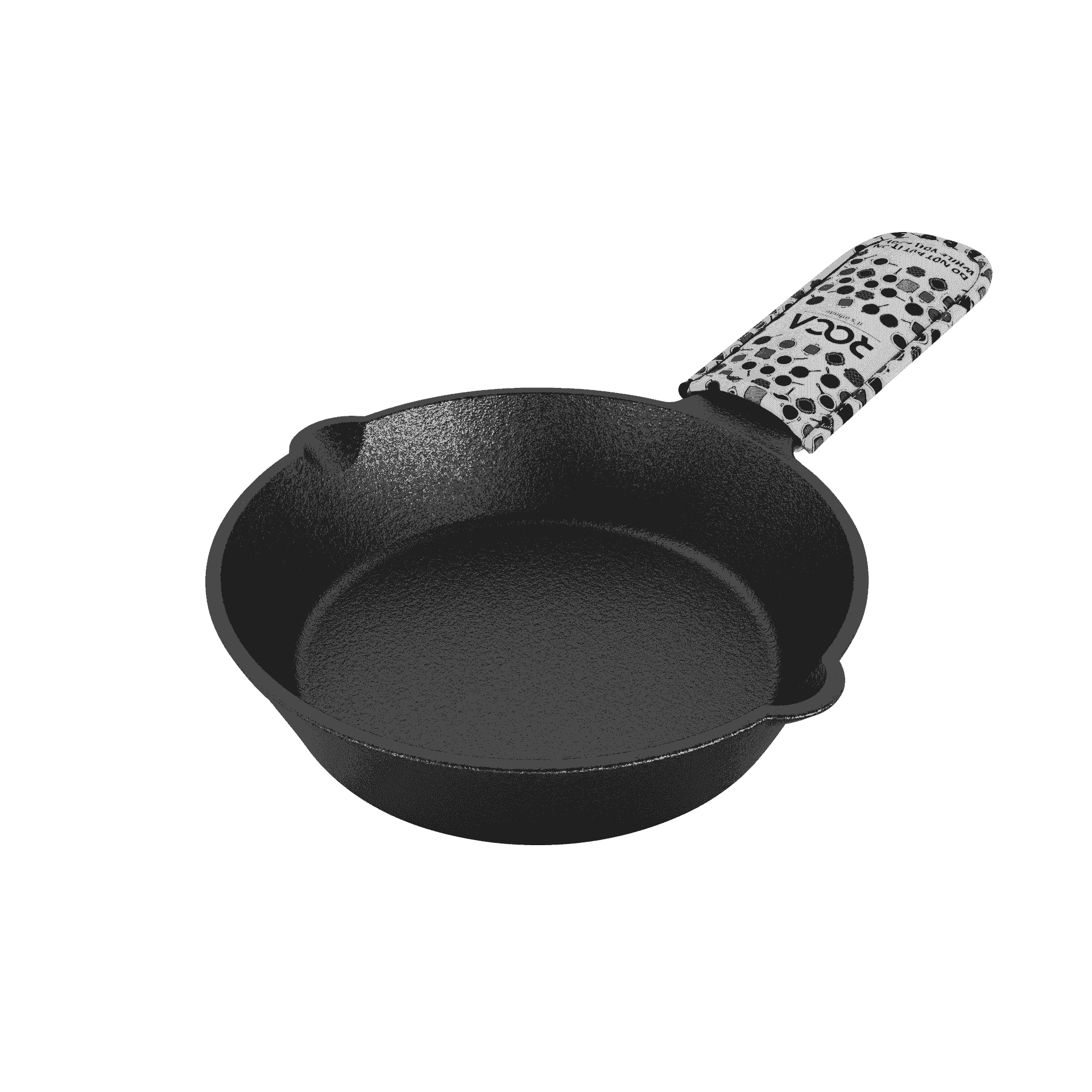 Roca Europa 19cm pre-seasoned cast iron skillet with a patterned cotton handle sleeve.