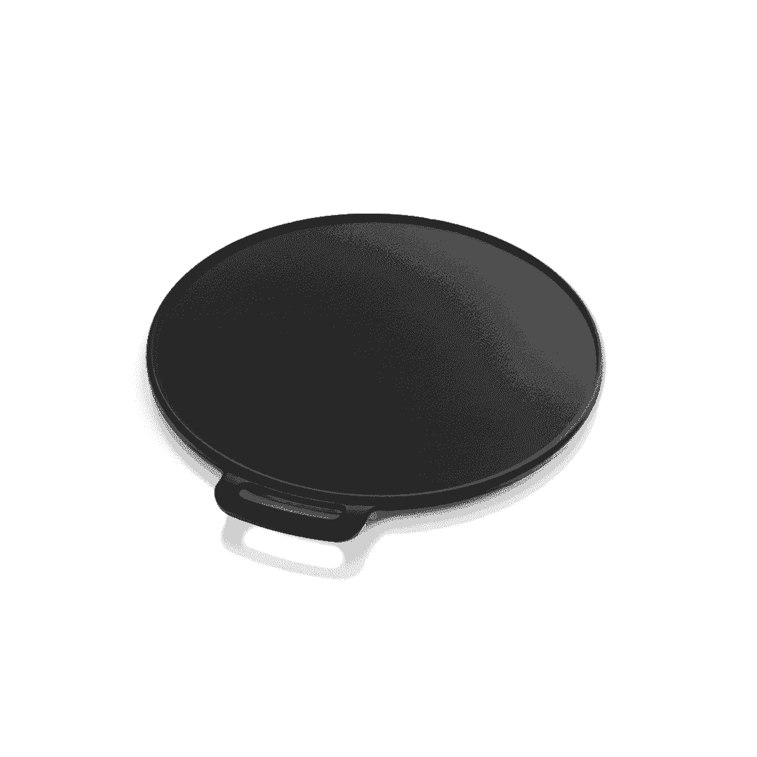 Black Triton cast iron dosa tawa with a 30cm round flat surface and a single side handle.