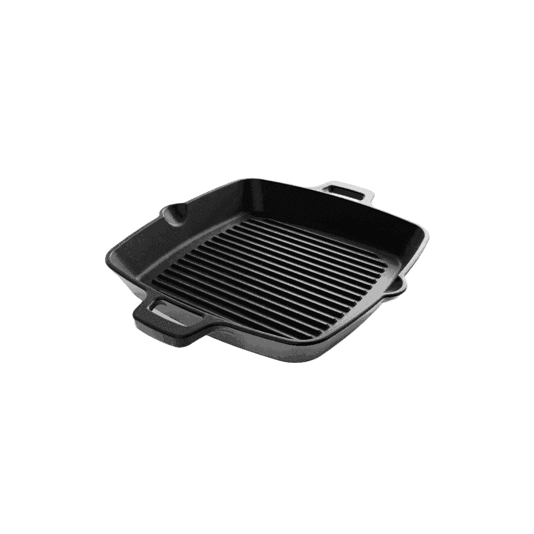 Square black cast iron grill pan with dual handles and a ribbed cooking surface.