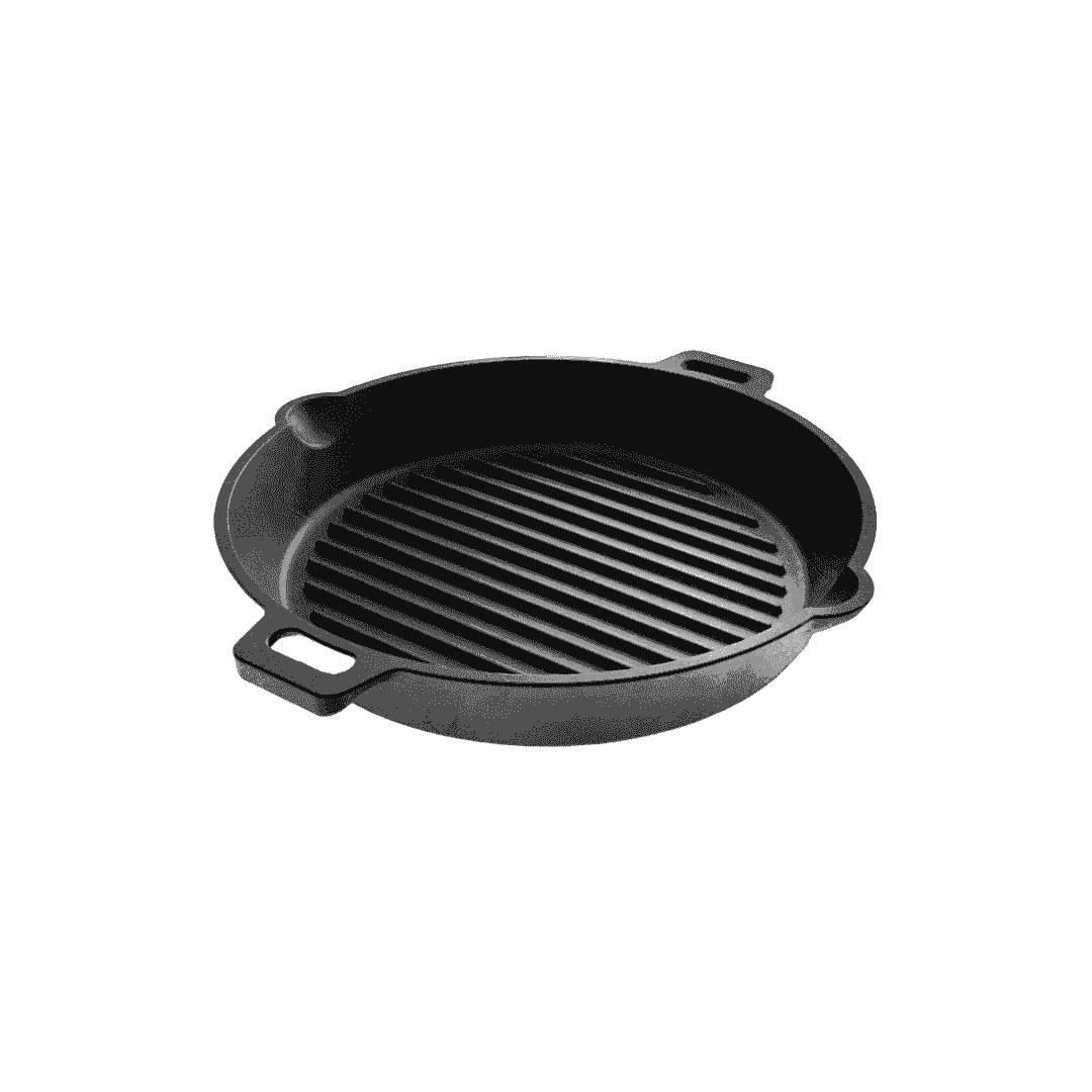 Round black cast iron Triton grill pan with two side handles and a ridged cooking surface.
