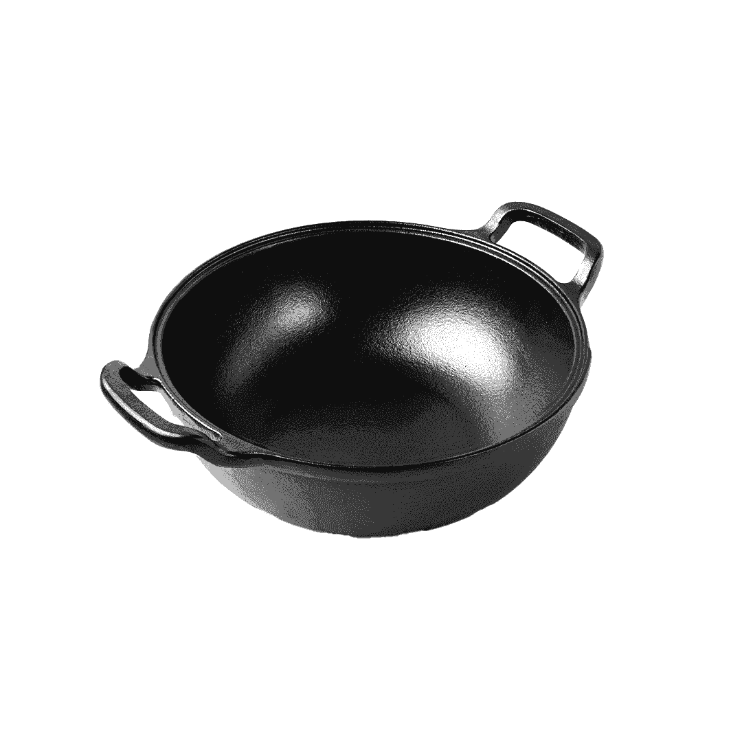 Black cast iron Triton Kadai with dual side handles and a deep, rounded base.