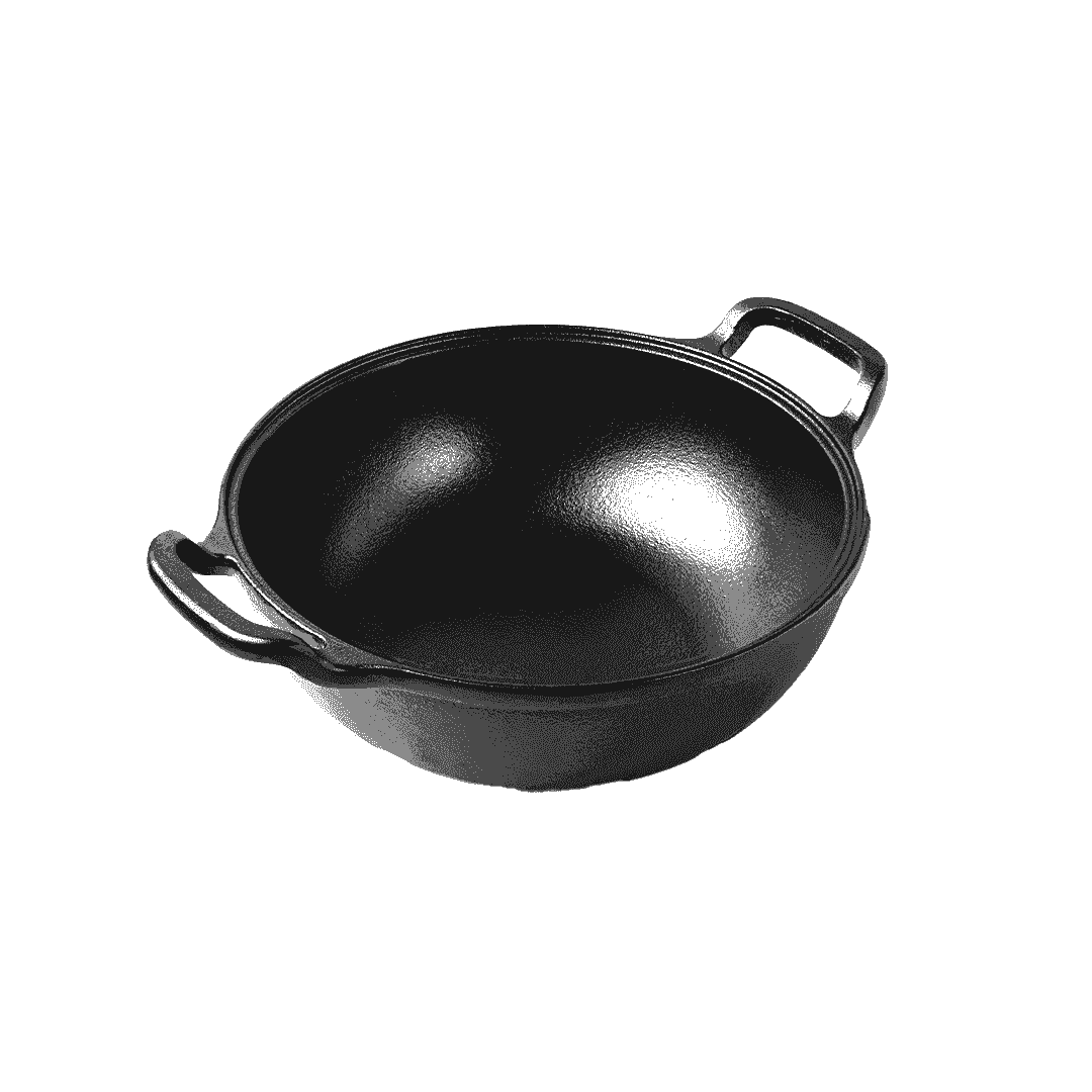 Triton 24cm cast iron kadai with dual handles for authentic South Indian cooking.