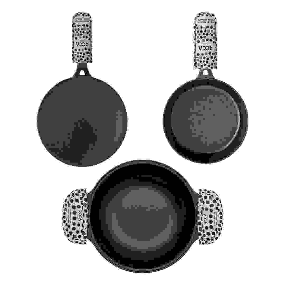 Roca cast iron cookware set including a 26cm roti tawa, 24cm skillet, and 24cm kadai with sleeves.